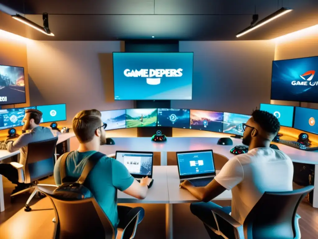 Un equipo de desarrolladores de videojuegos discute ideas en una sala moderna y vibrante
