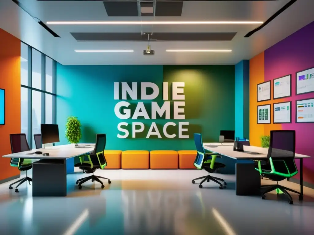 Equipo de desarrolladores de videojuegos indie en oficina moderna con protección legal para videojuegos indie en las paredes