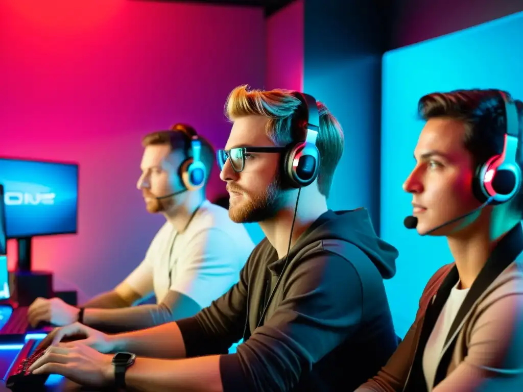 Equipo de Desarrollo de Videojuegos en un Estudio Innovador Un equipo de desarrolladores de videojuegos inmersos en su trabajo en un estudio moderno y futurista, creando su última creación