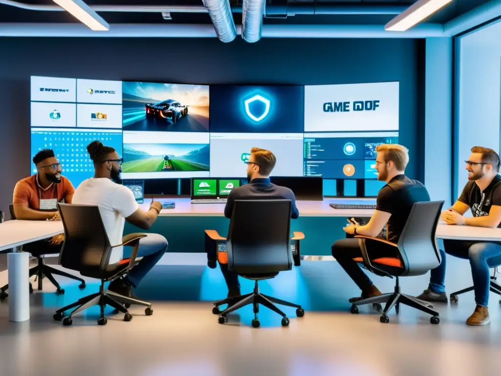 Un equipo de desarrolladores de videojuegos colabora en una oficina moderna, rodeados de pantallas grandes con diseños de juegos e código