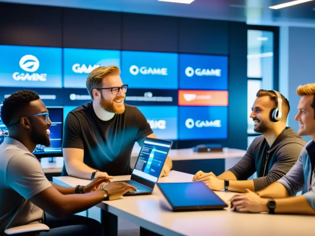 Equipo de desarrolladores de videojuegos en una oficina moderna, rodeados de tecnología futurista, discutiendo animadamente sobre su diseño de juego