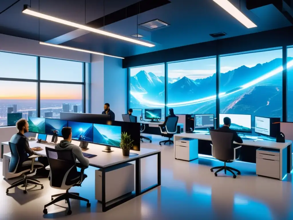 Equipo de desarrolladores de videojuegos en oficina moderna con tecnología futurista y dinámica visual