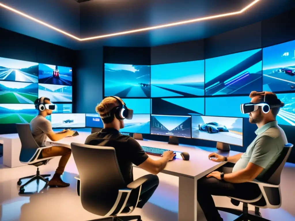 Un equipo de desarrolladores de videojuegos colabora en una oficina moderna, rodeados de arte conceptual y monitores