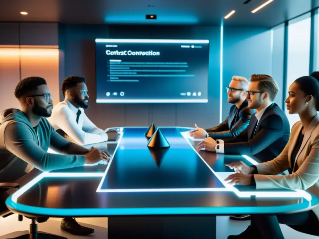 Equipo de desarrolladores de videojuegos negociando términos de contrato en una sala futurista