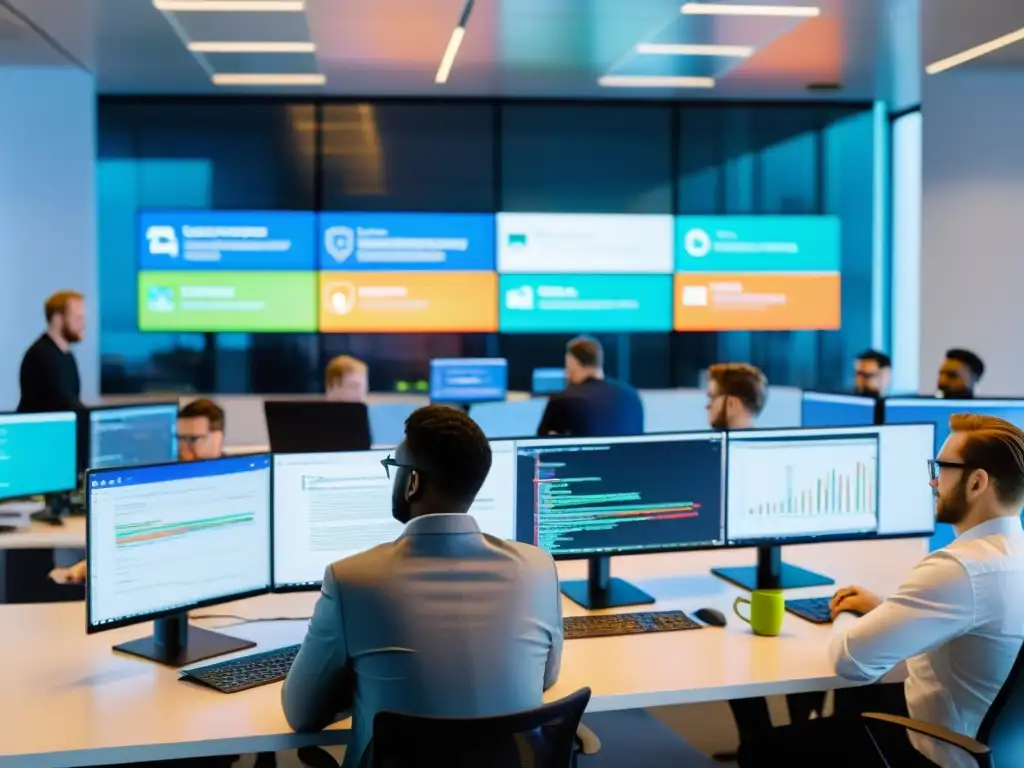 Un equipo de desarrollo de software colabora en una oficina moderna, con programadores trabajando en laptops y grandes pantallas