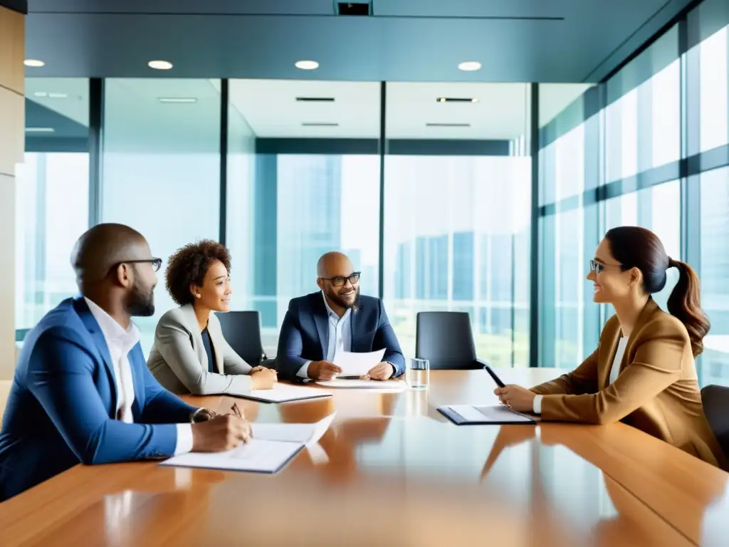 Equipo diverso de abogados corporativos gestionando la propiedad intelectual en una moderna sala de juntas