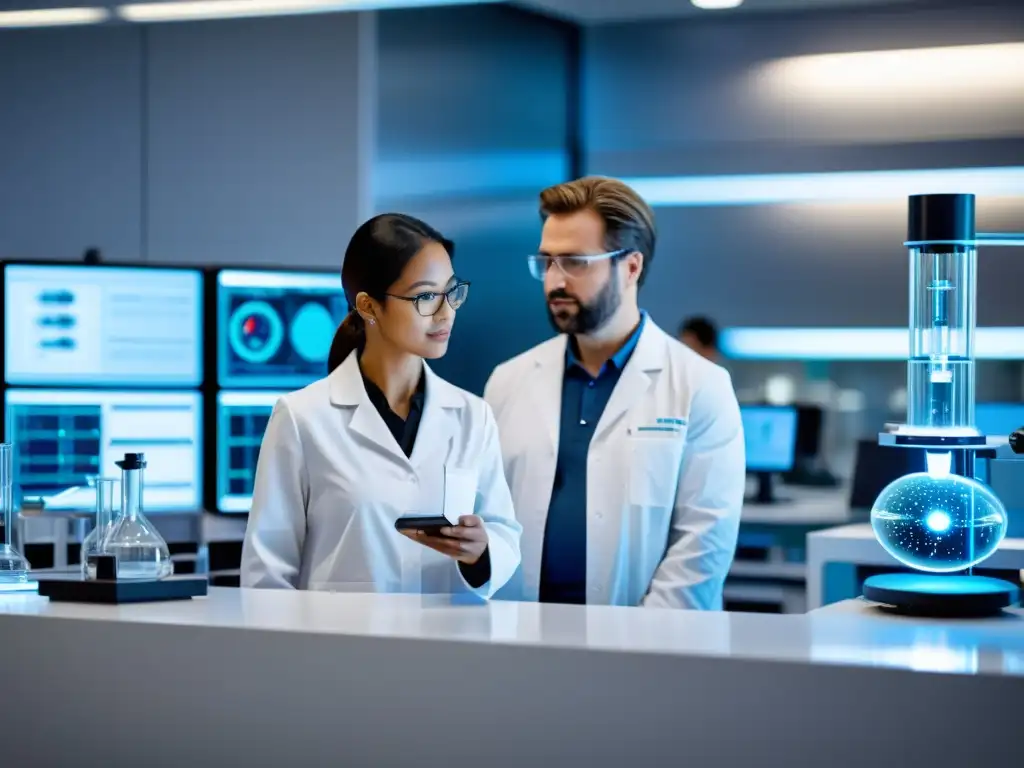 Equipo diverso de científicos colaborando en laboratorio puntero, resolviendo desafíos propiedad intelectual industria farmacéutica