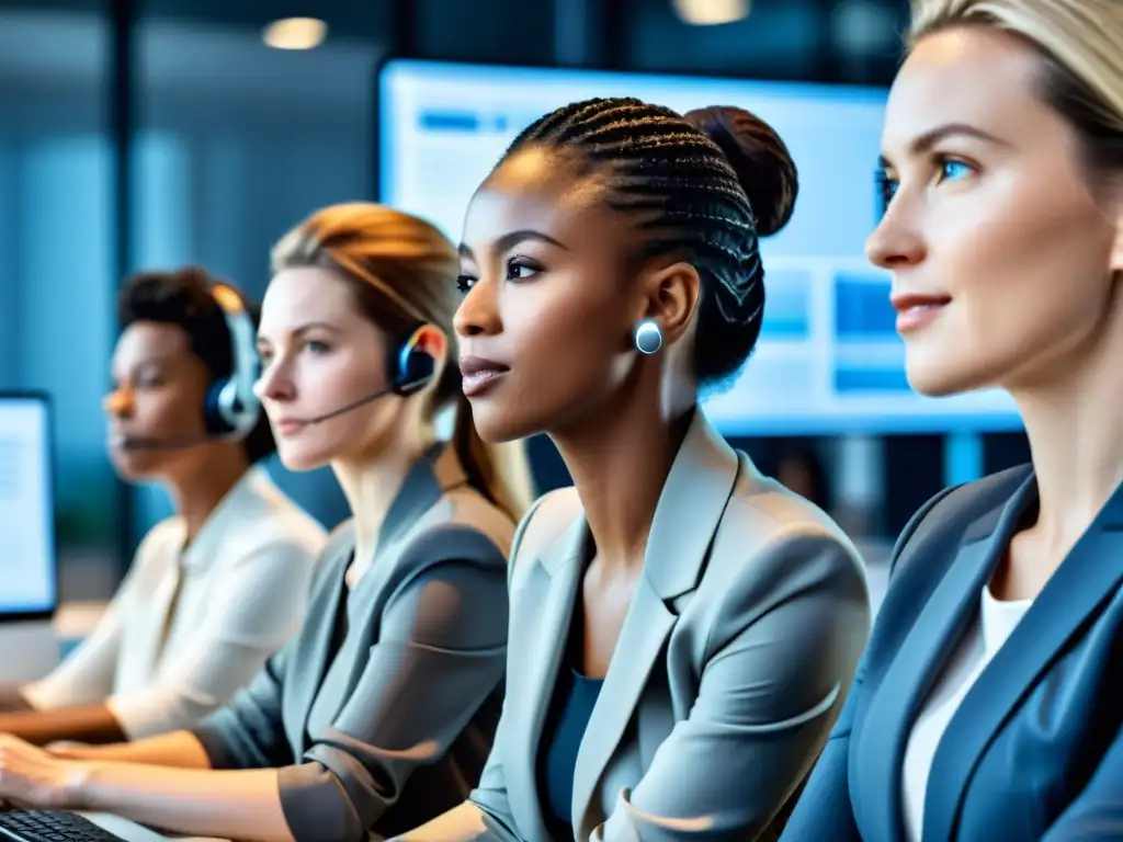 Un equipo diverso colaborando en computadoras en un espacio de oficina moderno, transmitiendo innovación y consideraciones éticas en IA