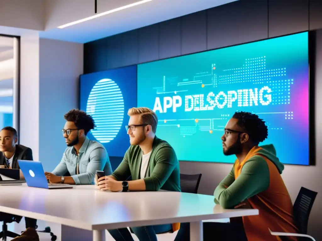Un equipo diverso de desarrolladores de aplicaciones colabora en una oficina futurista, con pantallas digitales mostrando código y símbolos de copyright
