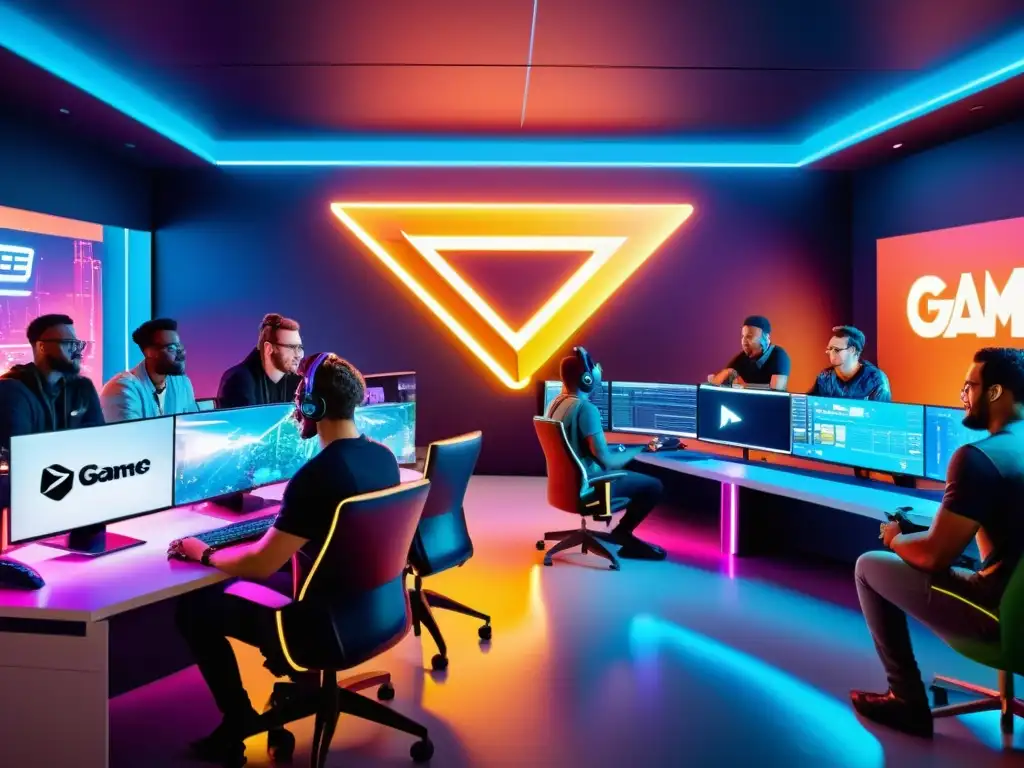 Un equipo diverso de desarrolladores de videojuegos colabora en un estudio futurista