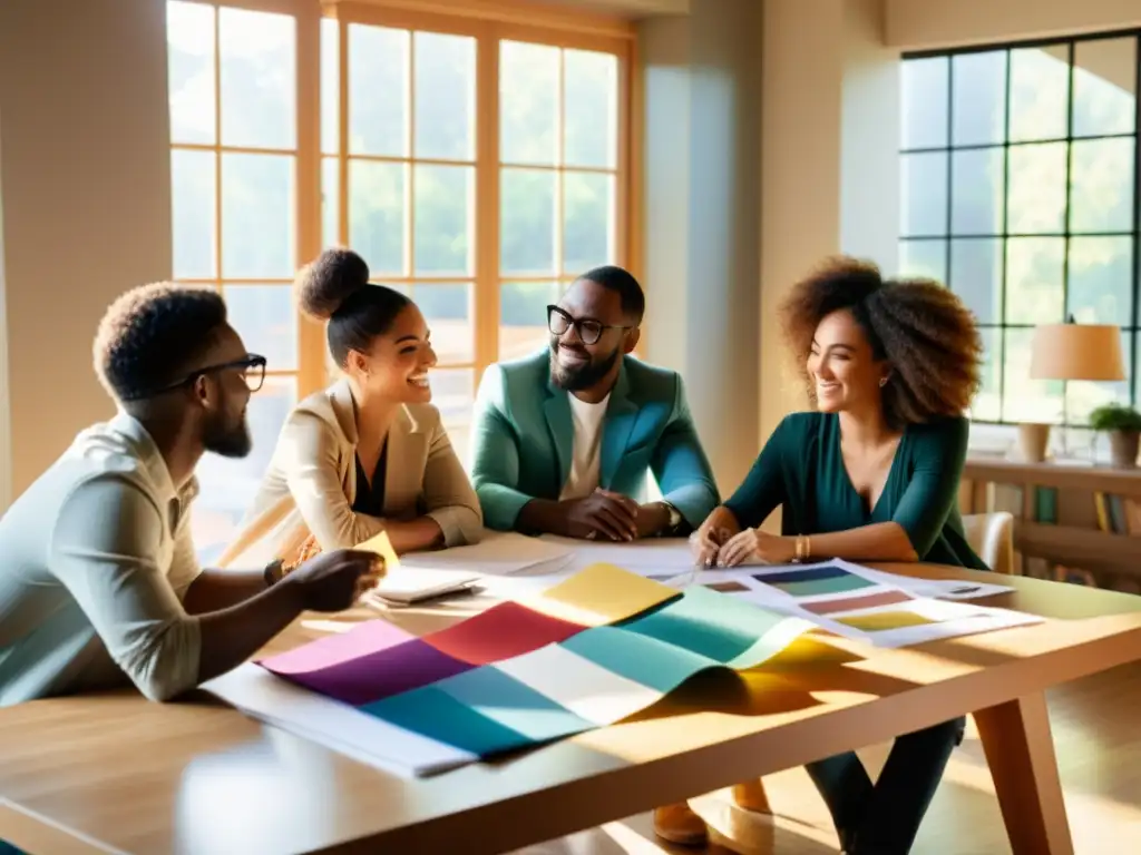 Un equipo diverso de diseñadores colaborando en una mesa llena de tejidos y bocetos