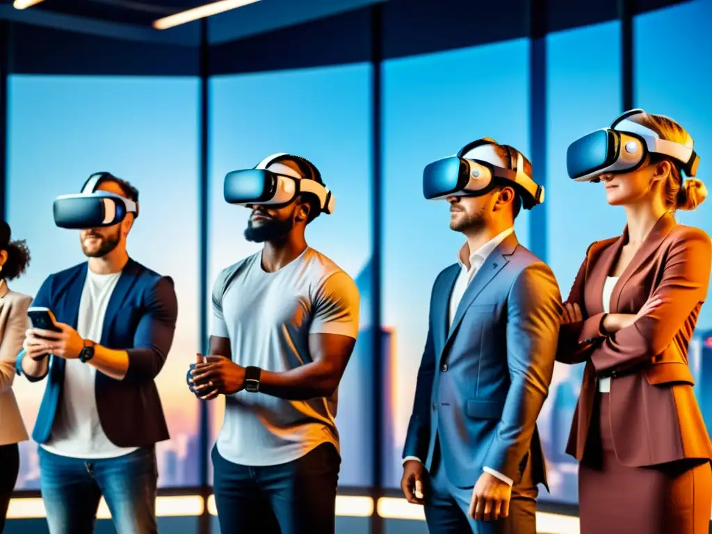 Equipo diverso compite en ejercicio de realidad virtual, rodeado de rascacielos futuristas