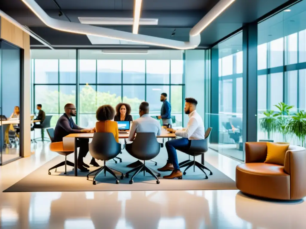 Equipo diverso de empleados de startups colaborando en una oficina moderna, con paredes de vidrio y equipos de alta tecnología