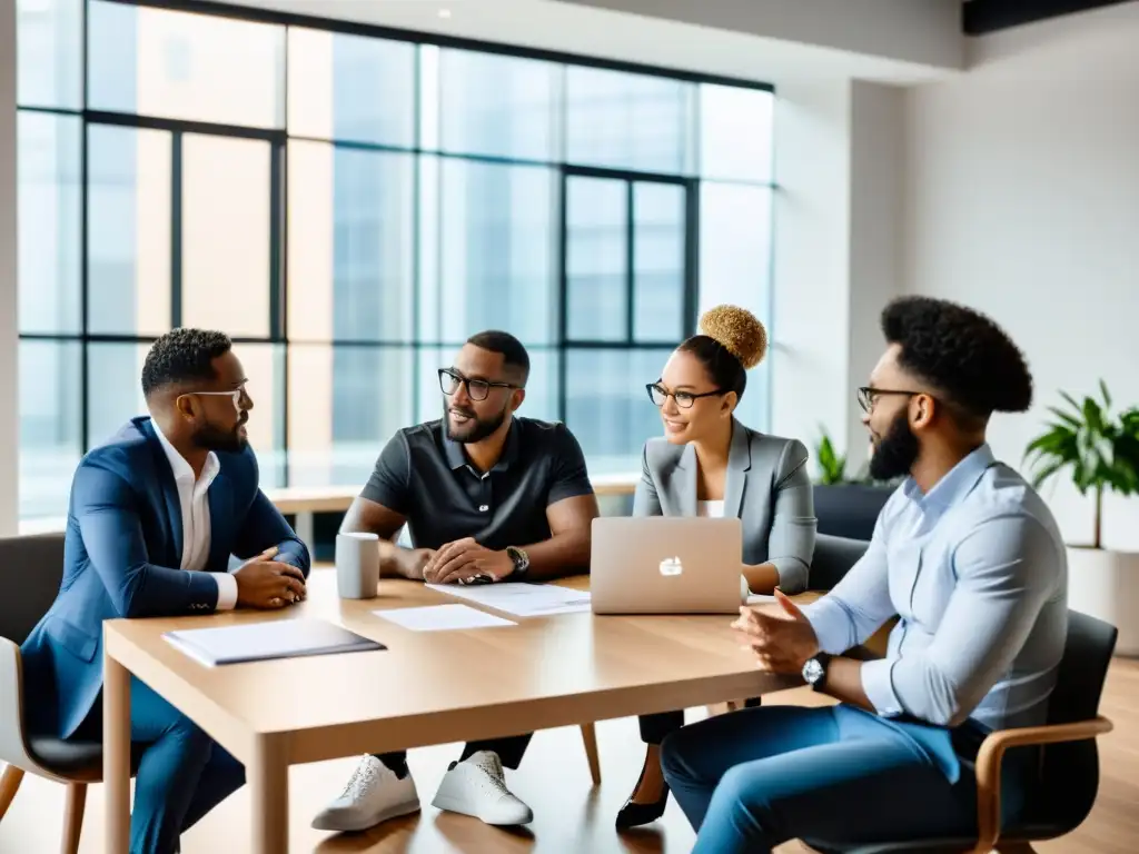 Un equipo diverso de emprendedores discuten y colaboran en el proceso de registro de marca para emprendedores en una oficina moderna y luminosa