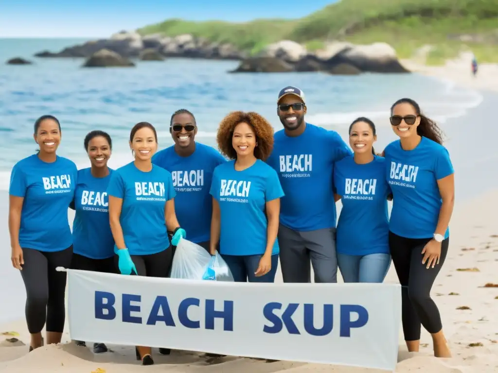 Equipo diverso de una empresa participando en limpieza de playa, mostrando responsabilidad social empresarial, con logo de marca en camisetas