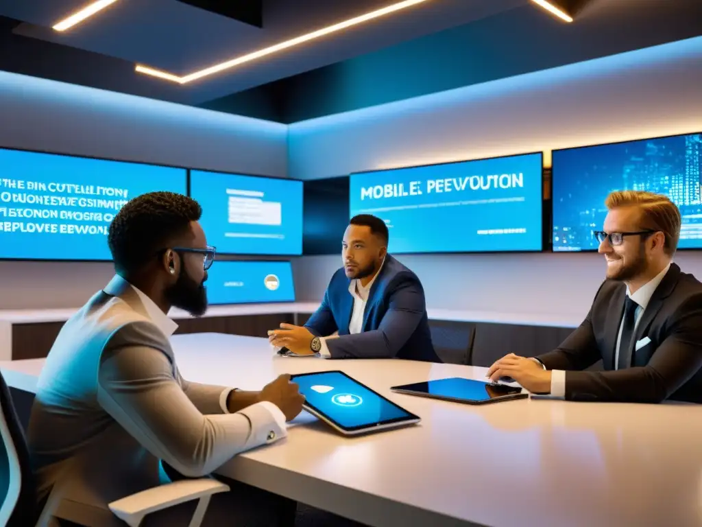Colaboración innovadora en espacio futurista para desarrollo de apps Equipo diverso colabora en espacio futurista, creando apps innovadoras