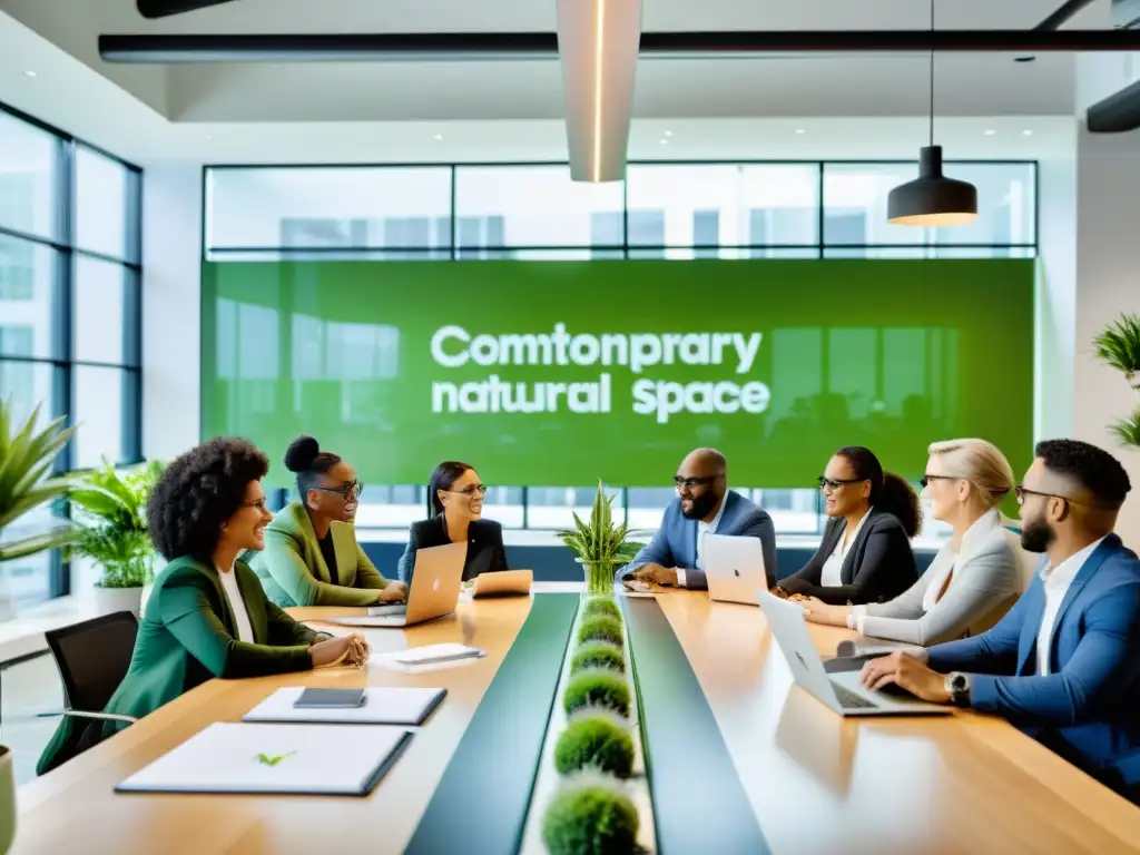 Equipo diverso colaborando en un espacio de oficina moderno, inspirador y lleno de luz natural