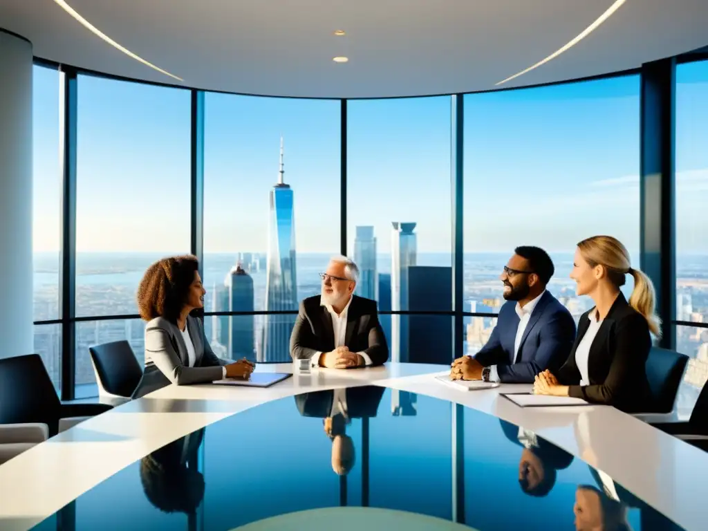 Un equipo diverso en una moderna sala de reuniones, salvaguardando secretos comerciales multinacionales, con una vista panorámica de la ciudad