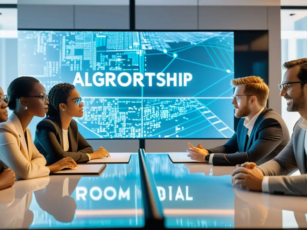 Un equipo diverso de profesionales discute un complejo algoritmo en una sala llena de luz natural