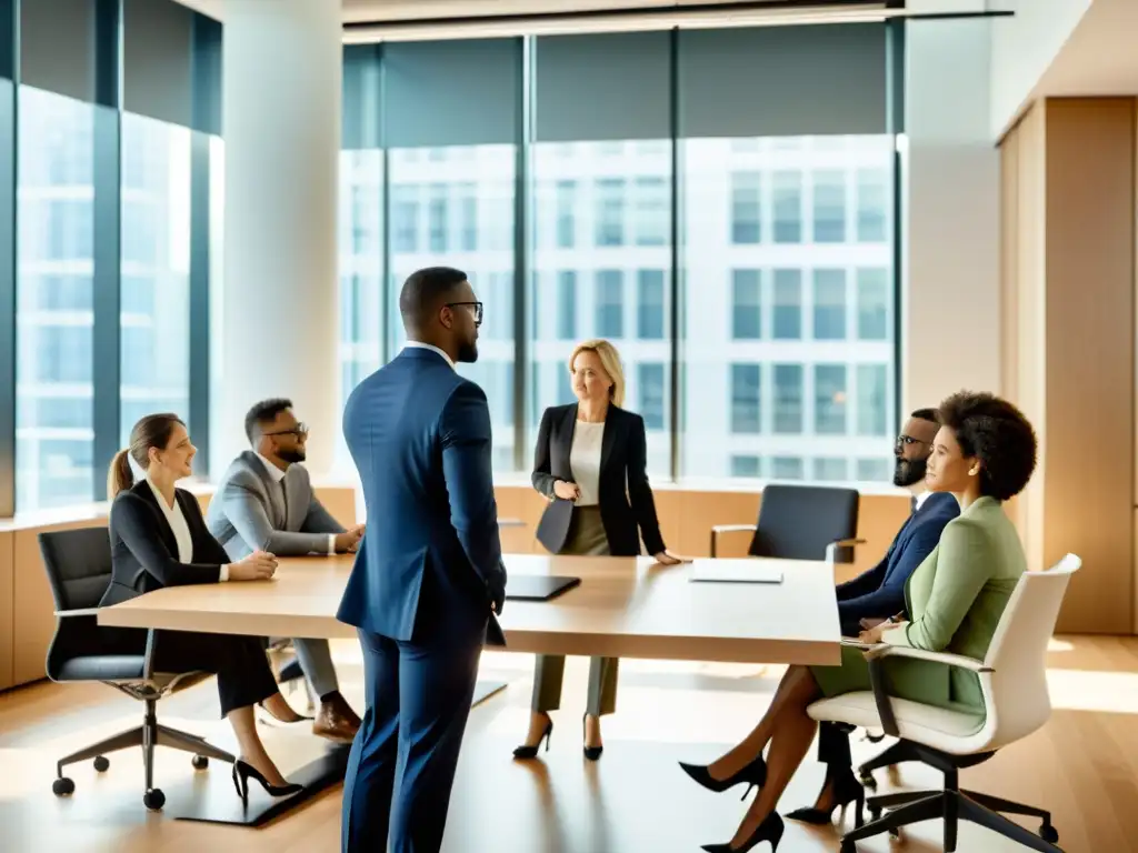 Un equipo diverso de profesionales colabora estrategias defensa patentes jurisdicciones internacionales en una oficina moderna llena de luz natural