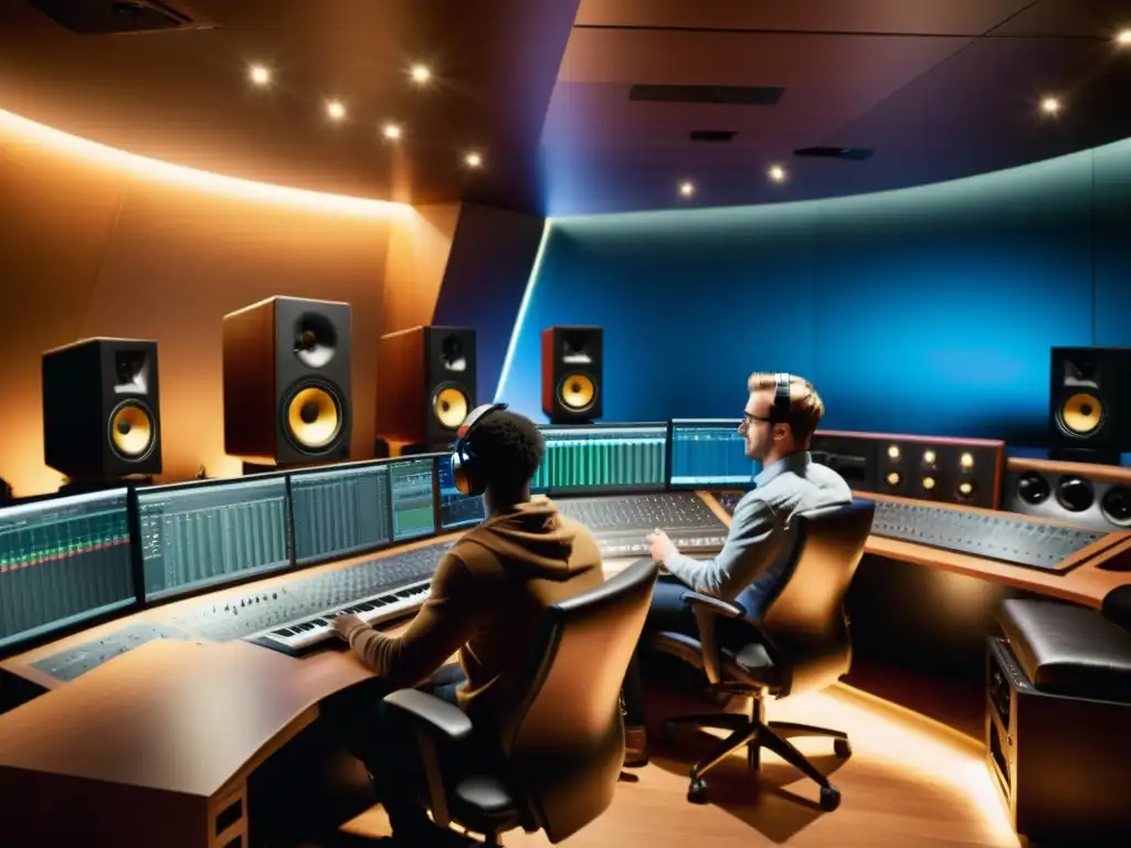 Un equipo diverso de profesionales de la industria del entretenimiento colabora en un moderno estudio de grabación