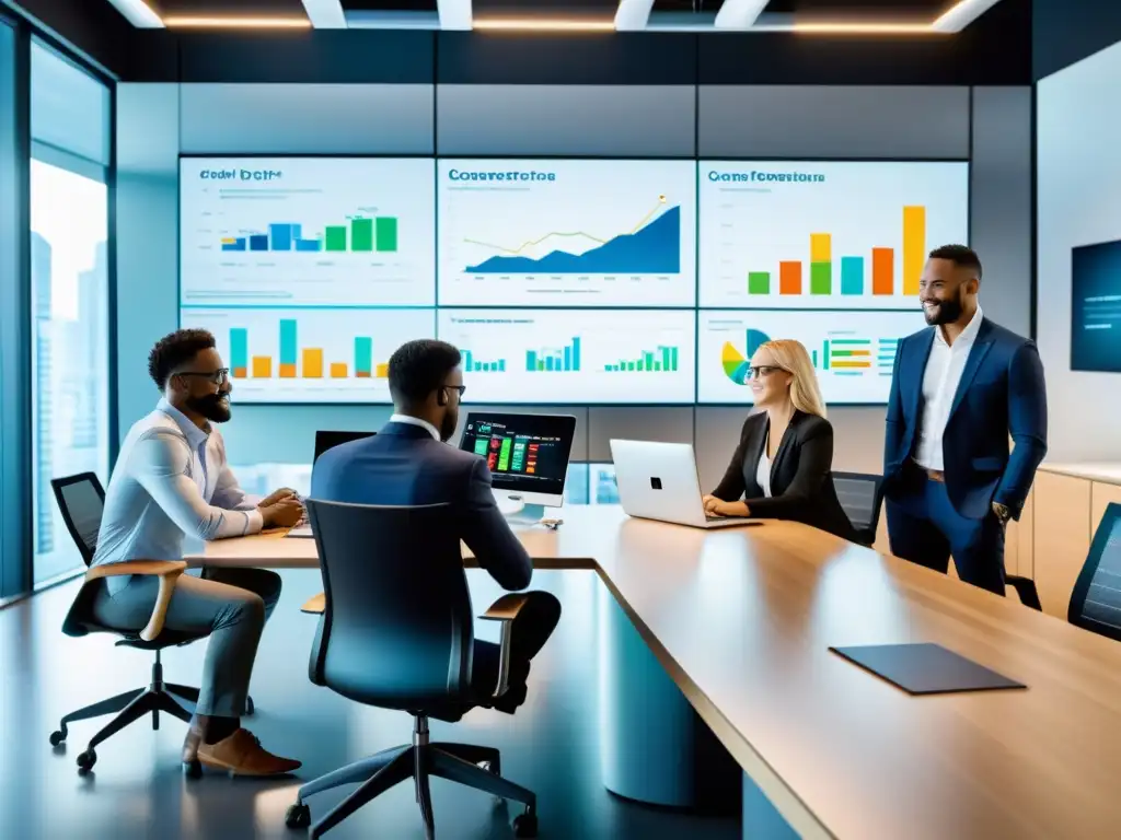 Un equipo diverso de profesionales colabora en una oficina moderna y abierta, con datos y análisis de propiedad intelectual en pantallas digitales