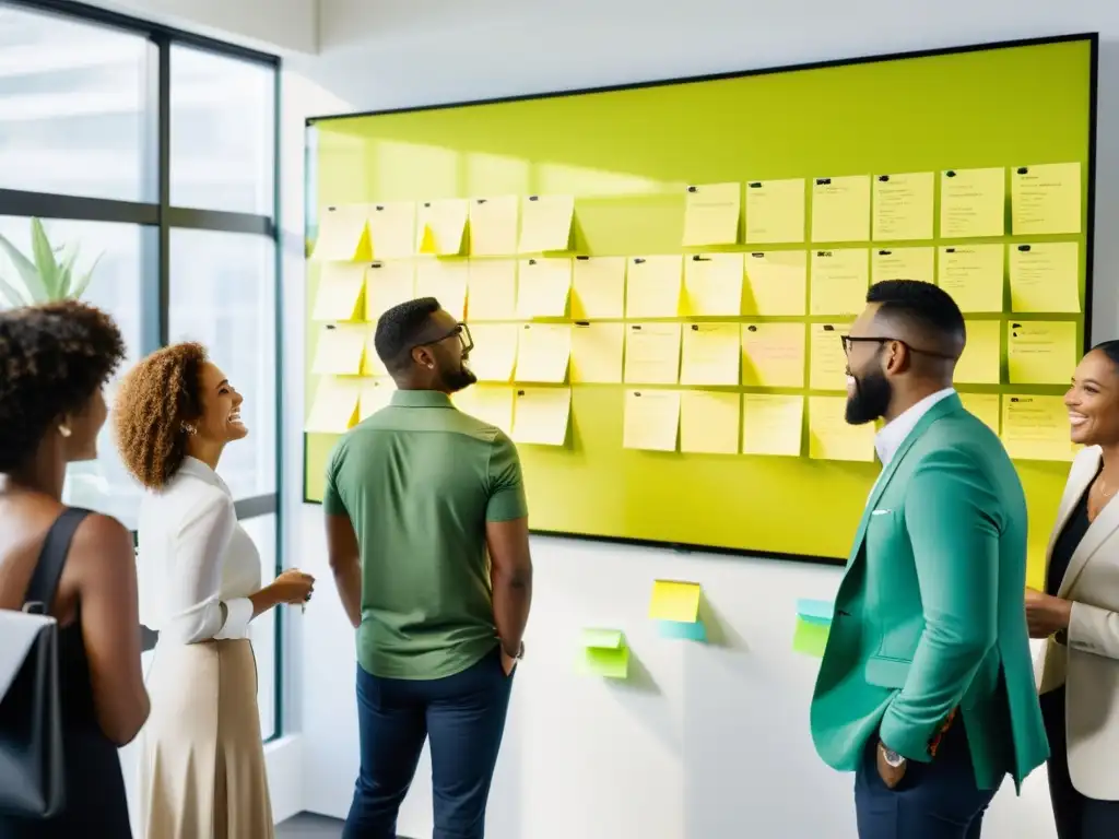 Equipo diverso en una startup innovadora, colaborando en ideas frente a un tablero lleno de notas