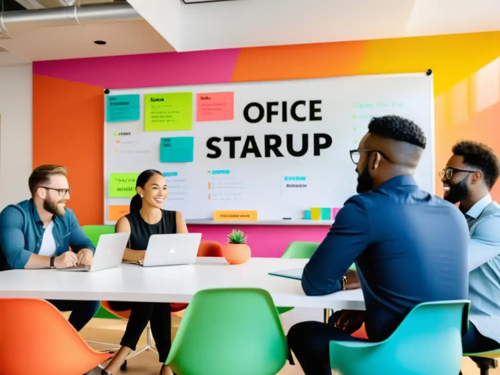 Un equipo diverso de startups intercambia consejos naming en una oficina moderna y creativa