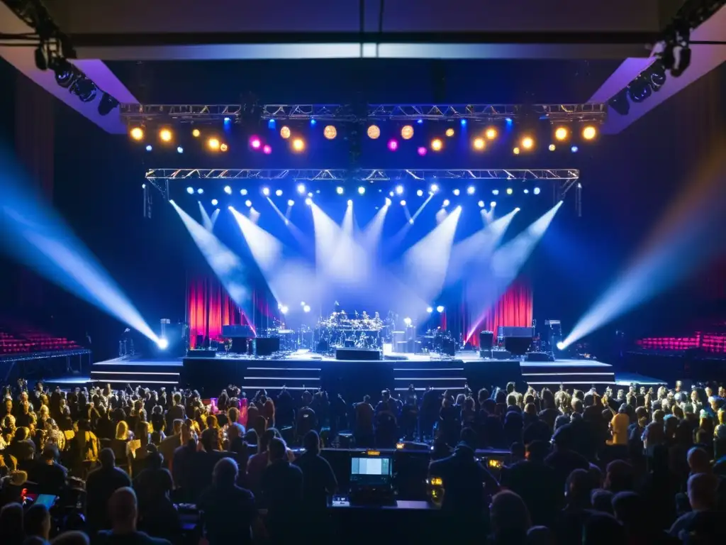 Equipo de escenario preparando concierto con entusiasmo y precisión