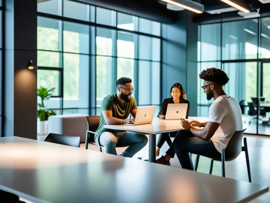 Equipo colaborando en un espacio de oficina moderno, iluminado y dinámico