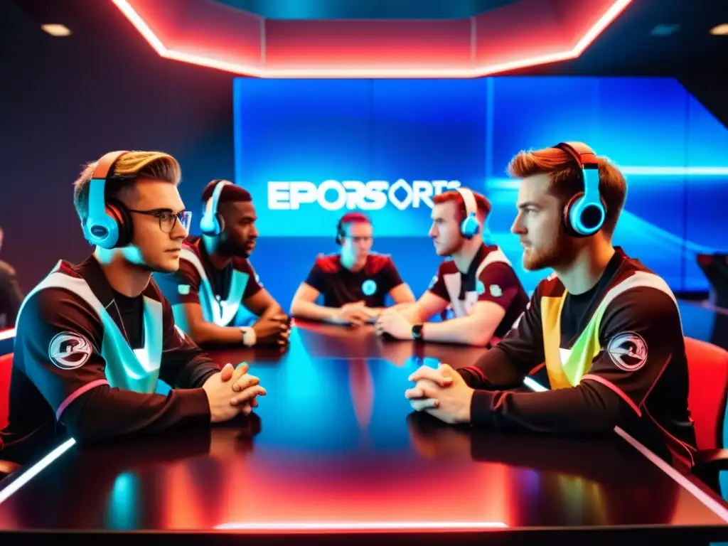 Equipo de eSports y abogados discuten contratos en un ambiente futurista de competencia