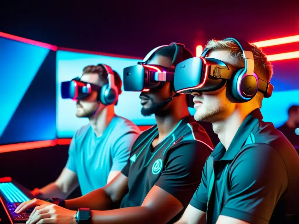 Equipo de eSports compite en arena virtual de alta tecnología, centrados en combate intenso