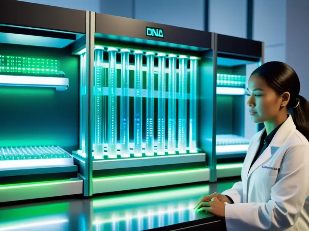 Equipo de secuenciación genética futurista con científicos y tecnología avanzada en laboratorio