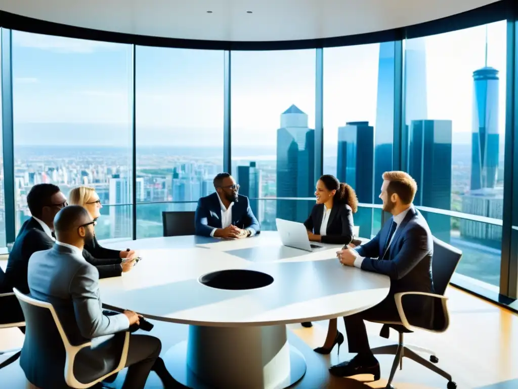 Un equipo global de profesionales discute animadamente sobre formación en propiedad intelectual global en una sala moderna con vista a la ciudad