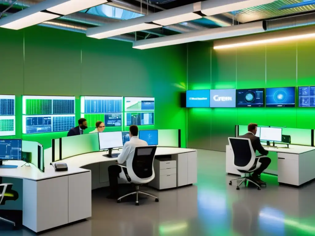 Innovación verde: laboratorio de alta tecnología Un equipo de ingenieros y científicos colaborando en un laboratorio de tecnología verde de vanguardia