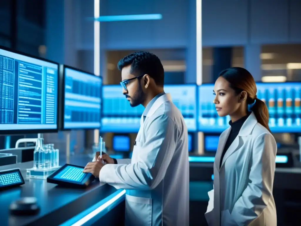 Equipo de investigadores farmacéuticos en laboratorio de alta tecnología, analizando datos y probetas, representando la industria farmacéutica moderna y la investigación en curso