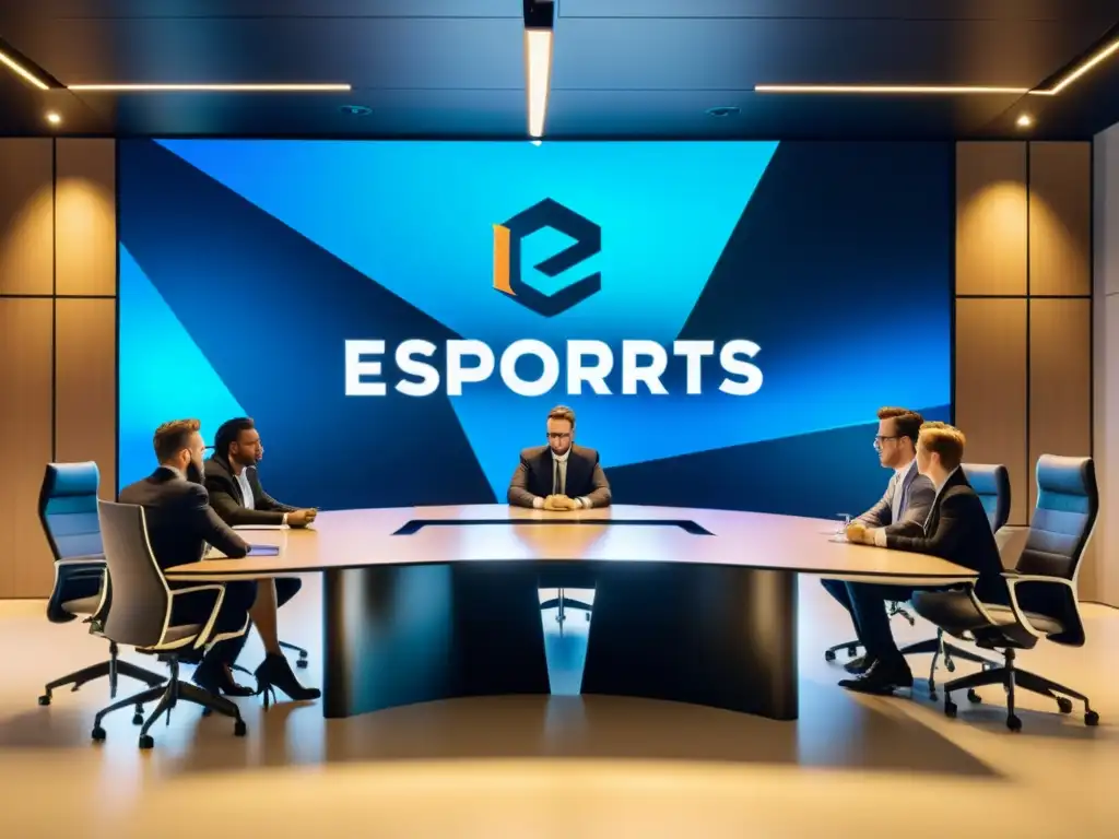 Equipo legal revisando comercialización legal marca derechos autor en el mundo de los esports, proyectando logo detallado