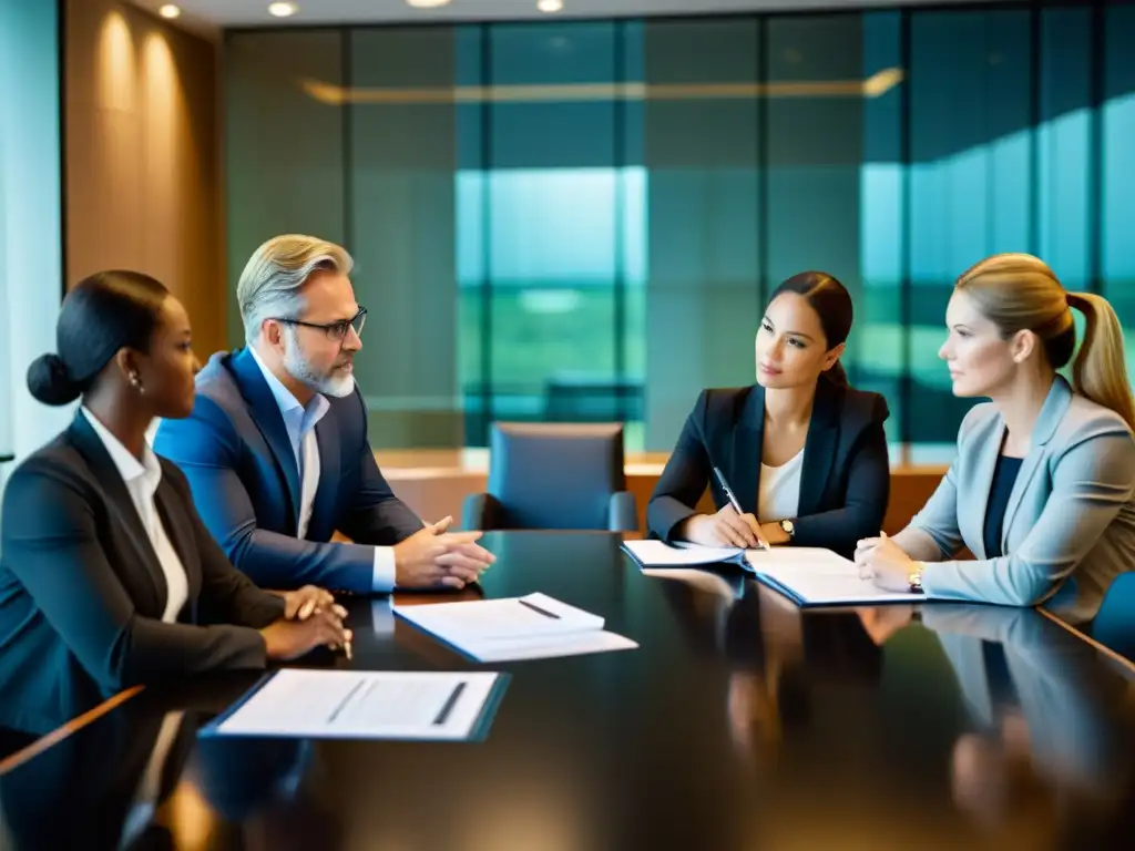 Un equipo legal moderno discute estrategias en una sala de juntas bien iluminada, exudando profesionalismo y enfoque