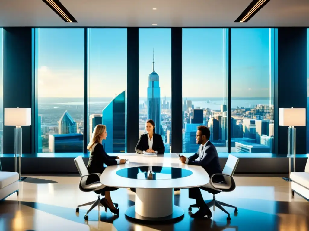 Equipo legal discute protección de patentes en sala de conferencias futurista con vista a la ciudad