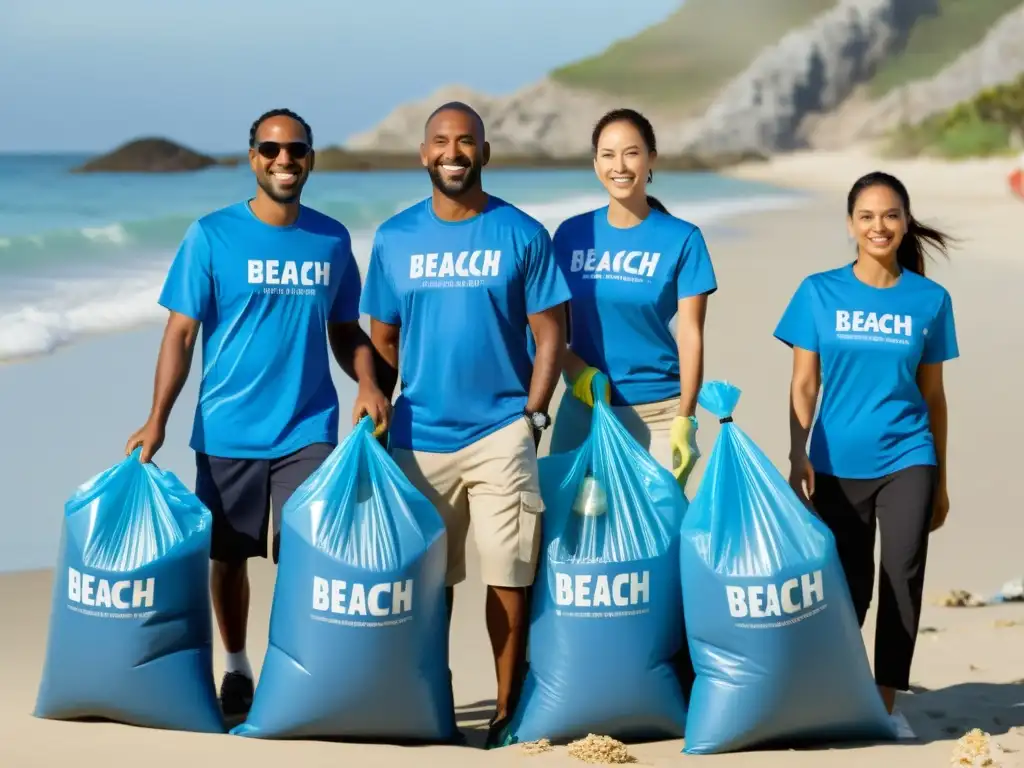 Equipo multicultural de una corporación multinacional en evento de limpieza en la playa, recogiendo residuos plásticos, con el mar azul y cielo despejado al fondo, demostrando Responsabilidad Social Corporativa en Marcas Internacionales