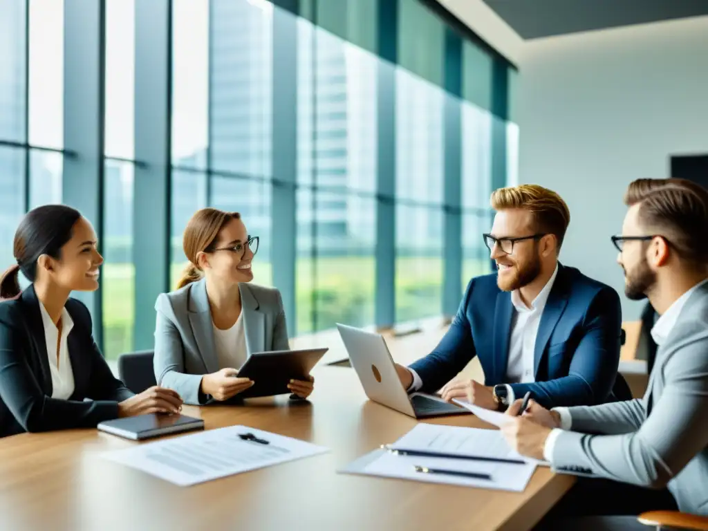 Equipo profesional discute auditoría derechos autoría empresa en sala moderna con luz natural, colaboración y enfoque