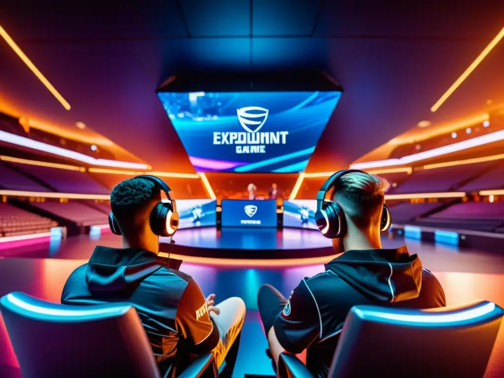 Equipo profesional compite en torneo virtual en estadio futurista, destacando la protección propiedad intelectual eSports