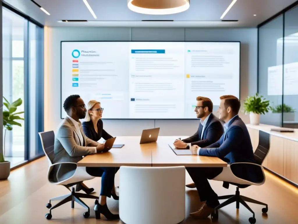 Un equipo de profesionales colabora en una oficina moderna con una IA prominente en pantalla