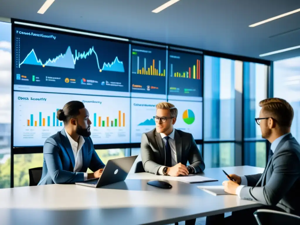 Equipo de profesionales en una oficina moderna discutiendo estrategias de seguridad de datos y gestión en la nube