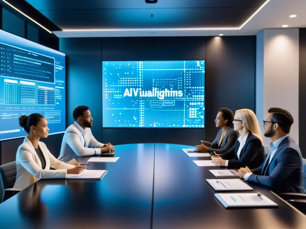 Un equipo de profesionales discute proyectos de inteligencia artificial en una sala moderna, destacando la protección de ideas en IA