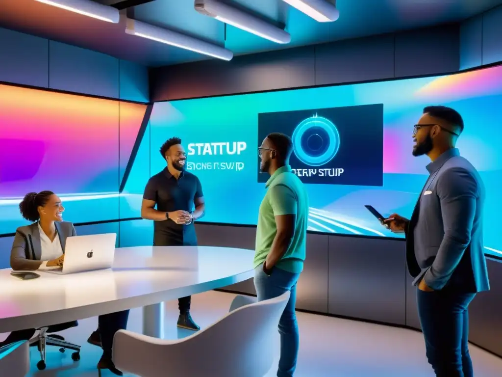 Equipo de startups tecnológicas colaborando en una oficina moderna, con beneficios de patentes software, creatividad e innovación tecnológica