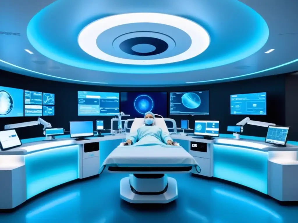 Equipo de telecirugía futurista con protección propiedad intelectual, cirujanos y tecnología de vanguardia en sala azul