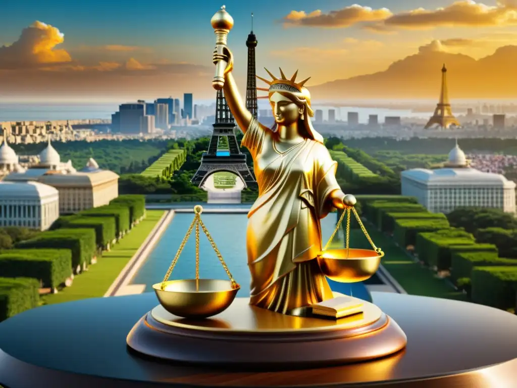 Una escala dorada con un martillo de juez rodeada de símbolos internacionales de derechos de autor, frente a los hitos mundiales como la Torre Eiffel, la Estatua de la Libertad y el Taj Mahal, simbolizando la importancia global de la protección internacional de derechos de autor
