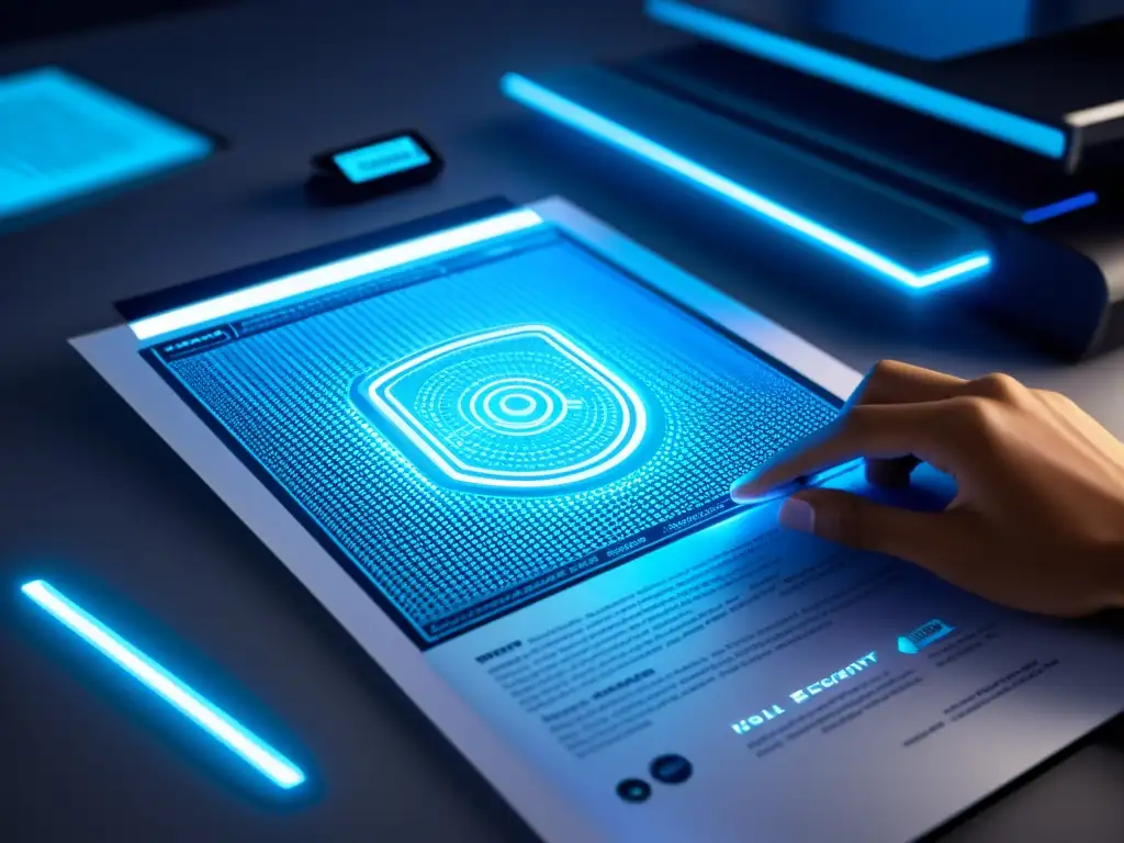 Escaneo de patente tecnológica con seguridad holográfica y diseño futurista en oficina minimalista