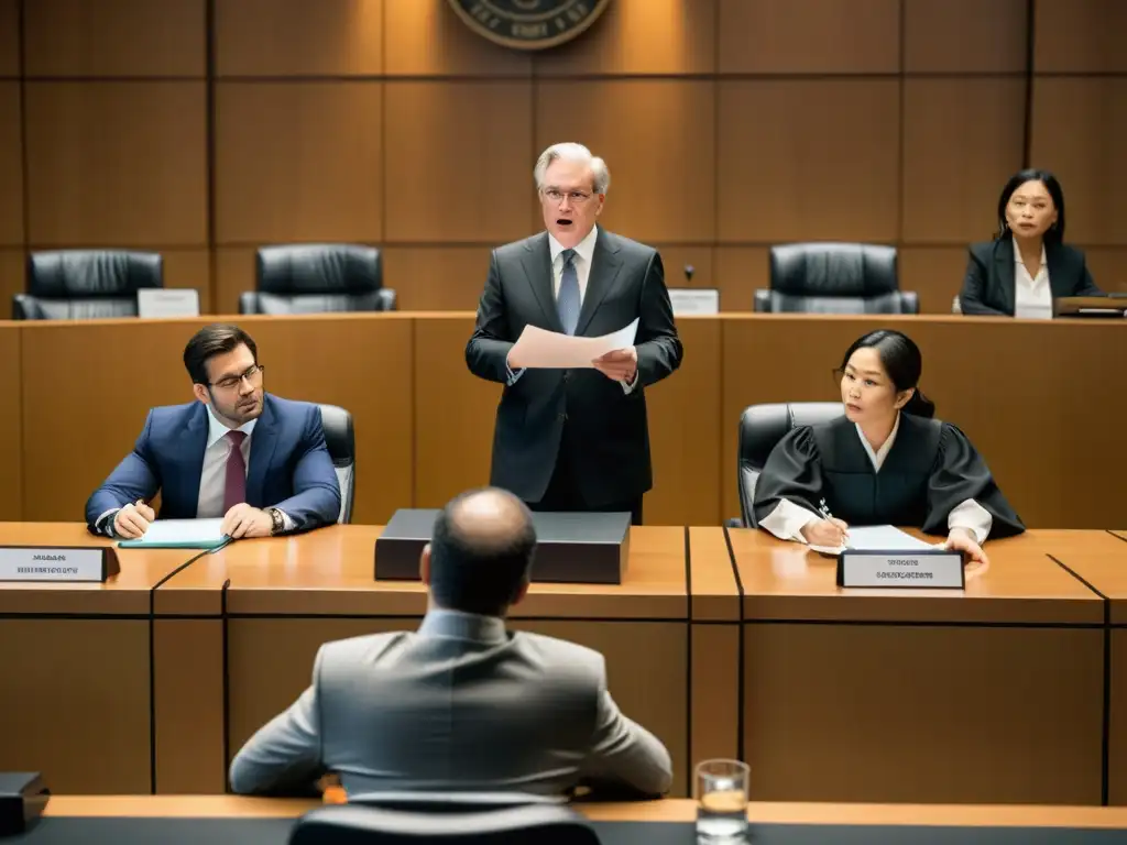 Escena de la corte con abogados discutiendo apasionadamente casos de guerra de patentes en la industria móvil, destacando la seriedad y profesionalismo del ambiente legal